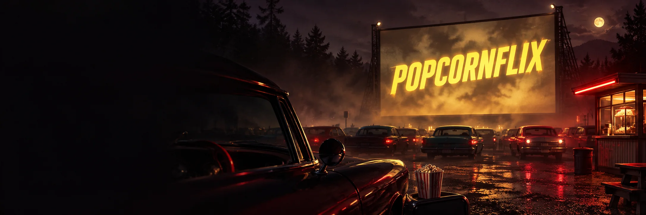 Popcornflix glowing on a drive-in cinema screen at night